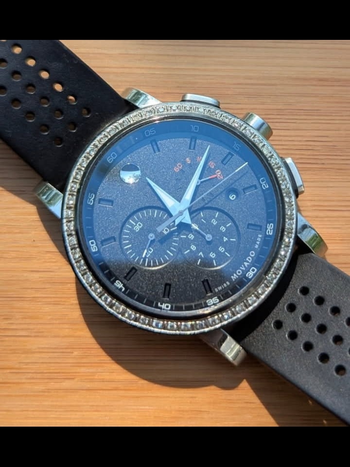 Movado Mens Black Chronograph Watch With Black Rubber Strap